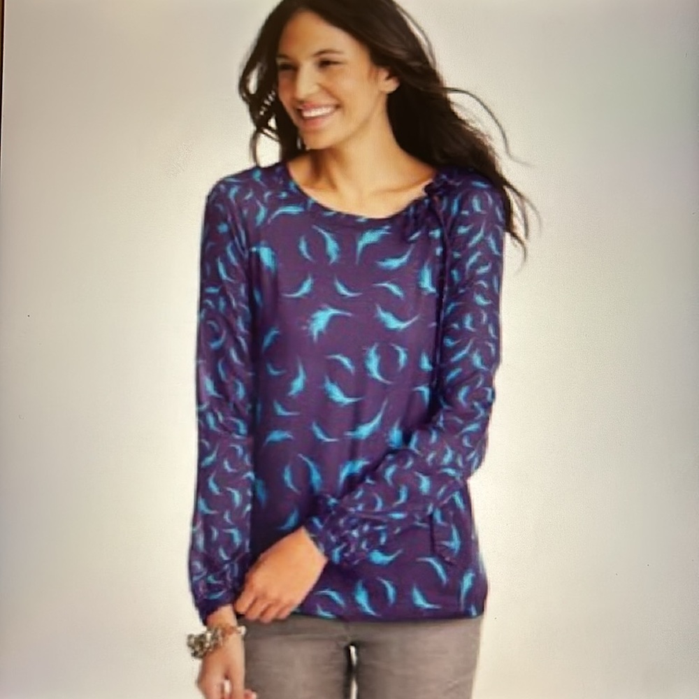 LOFT Sheer Feather Print Tie Neck Blouse, EUC